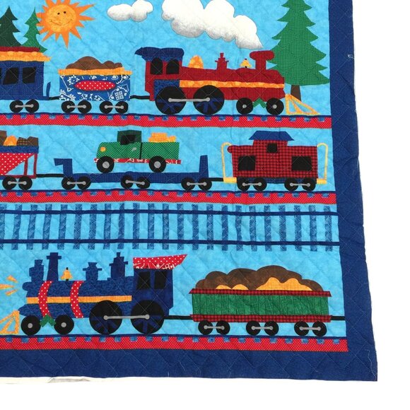 Vintage Dream Spinners VIP Cranston Fabric Panel Quilted Trains Blue 34x43 In - Picture 4 of 10